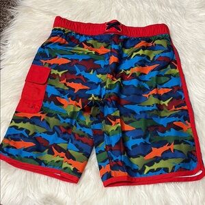NEW In Packaging Lands End Deep Sea Navy Multi Sharks Swim Trunks Youth XL Slim